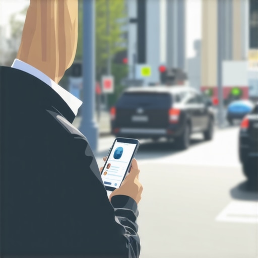 Driver Verification Scene Person checking driver ID with smartphone on city street during daytime