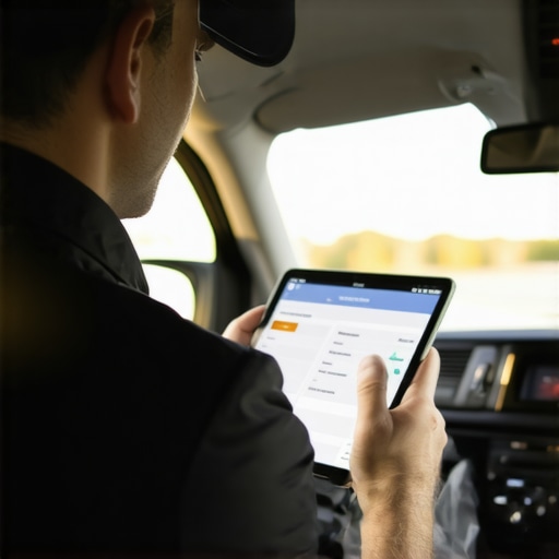 A driver checking reservation info on a digital device, ensuring safety and accuracy.
