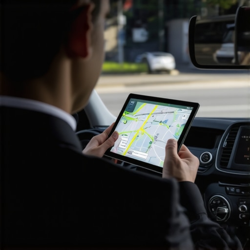 Driver using GPS for reservation accuracy. A driver in a vehicle utilizing GPS navigation on a tablet for precise reservation tracking.