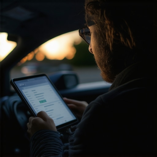 Driver reviewing reservation info on tablet in luxury vehicle at early morning