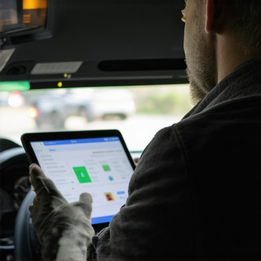 Driver verifying reservation details Professional driver reviewing digital reservation inside city vehicle with traffic outside