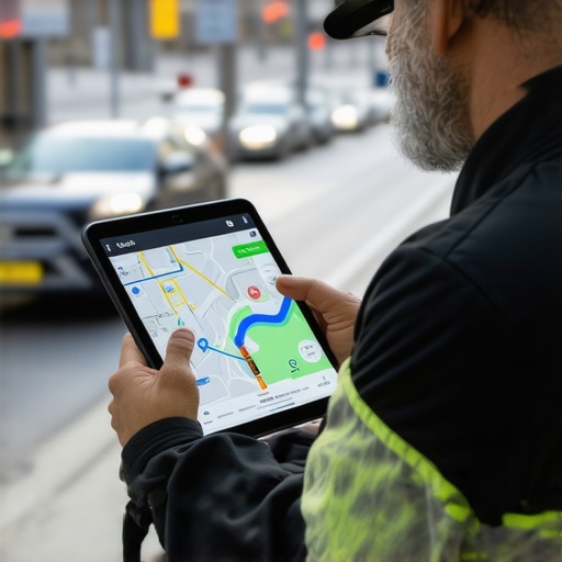 Driver reviewing navigation on tablet in urban traffic
