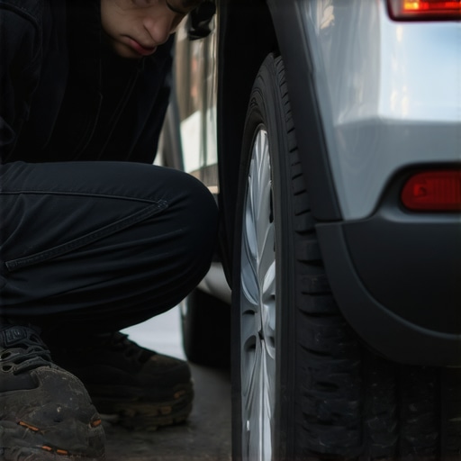 Person checking car lights and tires during exterior inspection