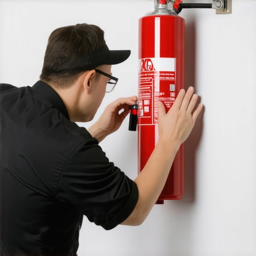 Person inspecting and verifying the pressure and condition of a fire extinguisher on a wall.