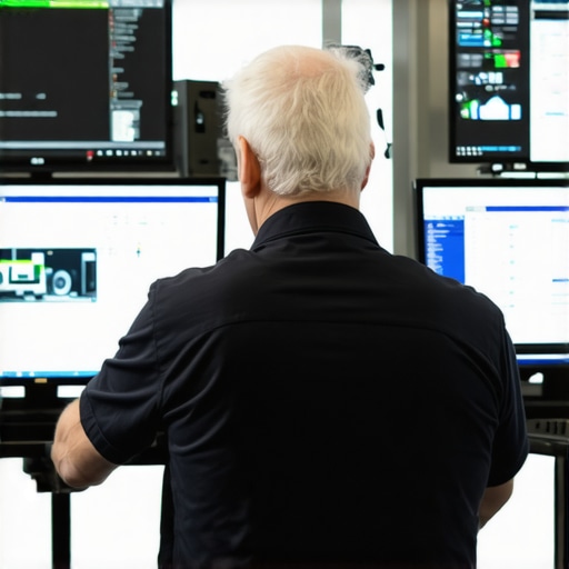 Fleet Management Control Room Technician monitoring vehicle fleet and reservations on multiple screens in a professional control room