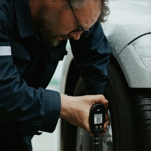 Maintaining Vehicle Safety Professional mechanic using digital tire pressure gauge in rainy garage