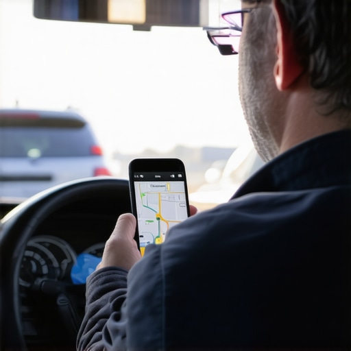 A driver using GPS and traffic apps on a smartphone to ensure timely pickup