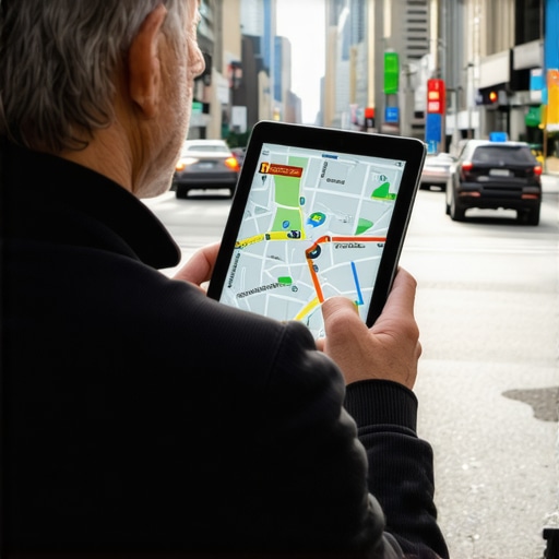 Driver using GPS navigation on a tablet while in traffic to ensure on-time arrival.