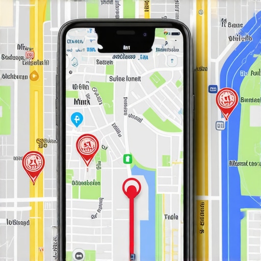 Close-up of a smartphone showing a navigation app with a cityscape background.