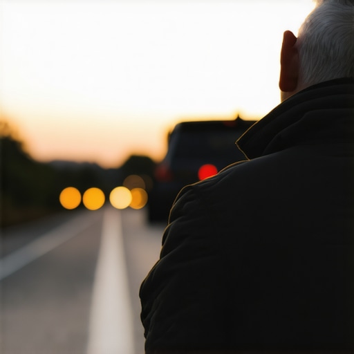 Driver inspecting vehicle exterior with early morning light