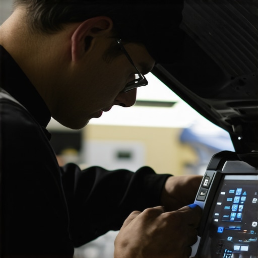 Technician using diagnostic scanner on vehicle in a professional garage.