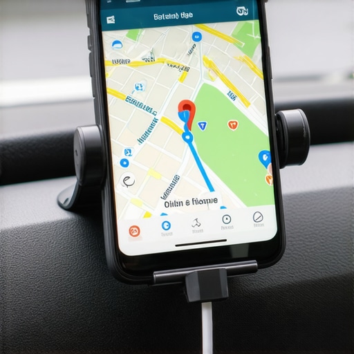 Reliable GPS Navigation for Transportation A smartphone displaying GPS tracking application mounted on a vehicle dashboard