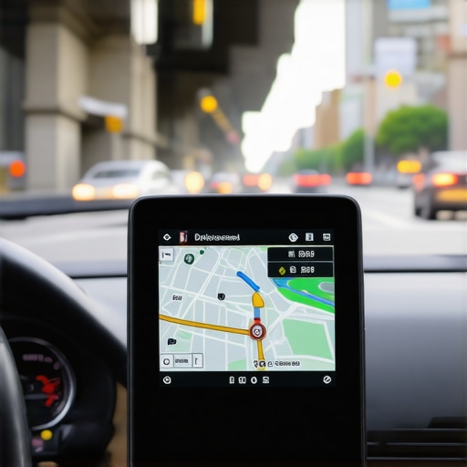 Reliable GPS for Secure Rides A high-quality GPS device securely mounted inside a car showing navigation in urban traffic