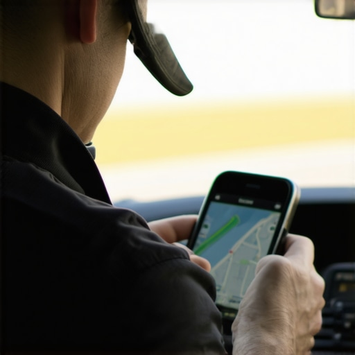 A driver inspecting GPS and updating software as part of safety routine.