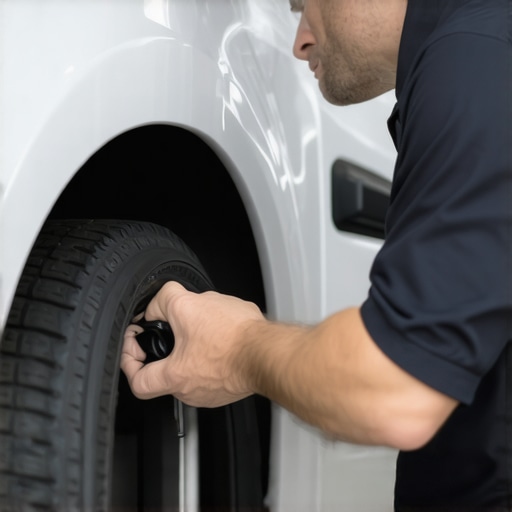 Routine Vehicle Maintenance for Reliability A technician checking tire pressure and brake condition on a luxury vehicle before scheduled reservations.