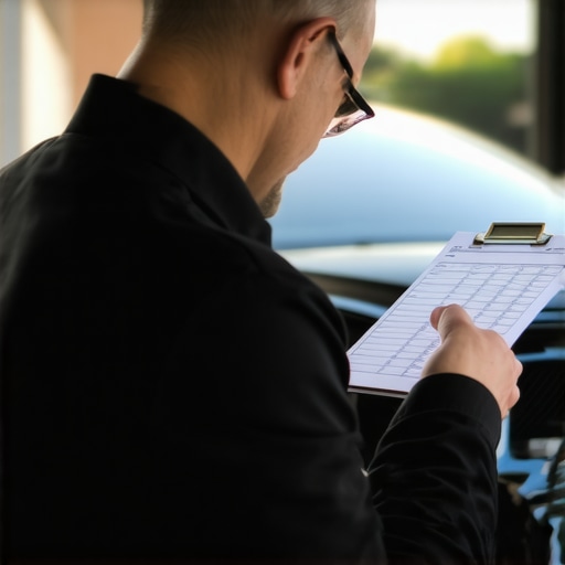 Driver performing routine safety checks on vehicle during scheduled maintenance.