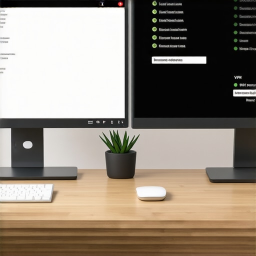 Secure Reservation Management Setup Workstation with dual monitors showing reservation tools and VPN security