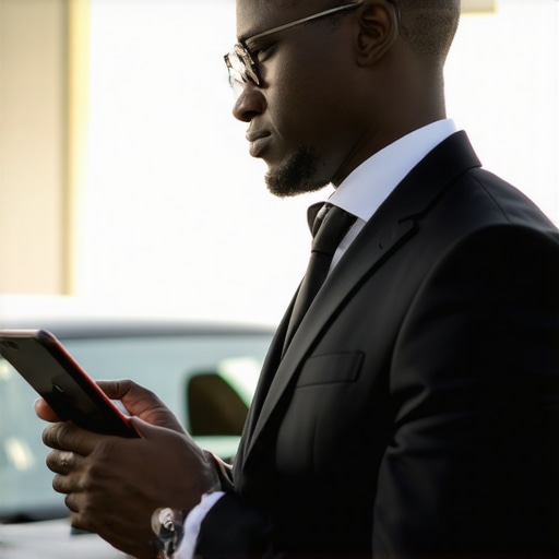 Chauffeur reviewing a digital reservation on a smartphone before event pickup.