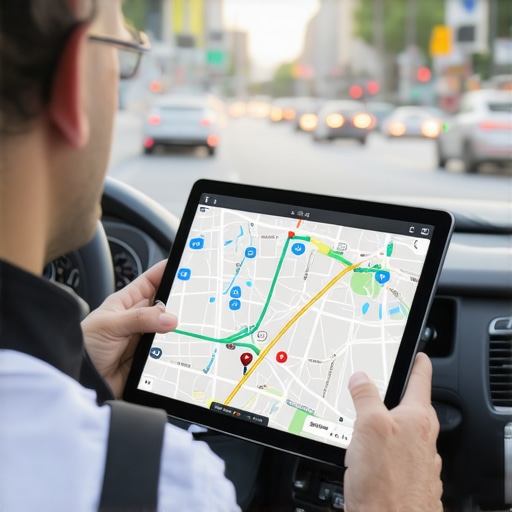 Driver analyzing traffic data on a digital device in urban environment.
