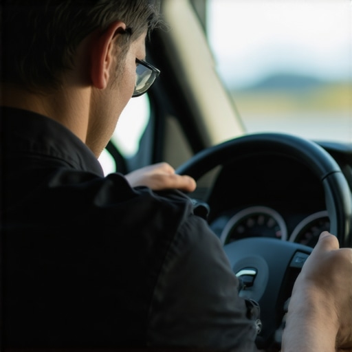 Driver reviewing digital tools and safety equipment in a vehicle