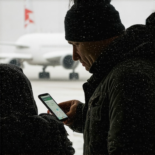 Person using a mobile device to track flight status in winter weather