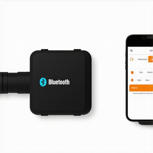 OBD-II scanner connected to car with smartphone showing diagnostic data.