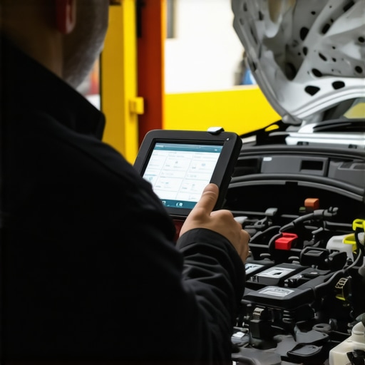 Professional driver inspecting vehicle engine with diagnostics tools, ensuring safety and reliability.