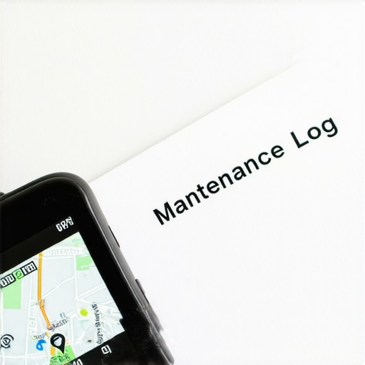 Maintenance log alongside GPS device indicating vehicle location for safety verification