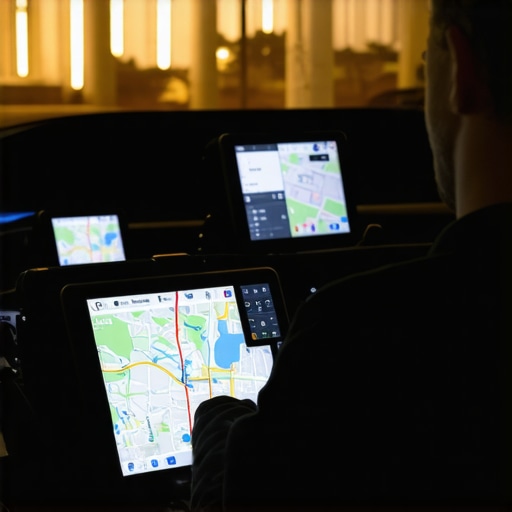 Advanced Chauffeur Logistics Tools Close up of professional driver using multiple tracking tablets for safety and punctuality