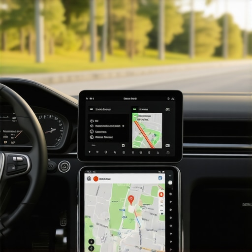 A high-tech vehicle interior showing dedicated GPS hardware and flight tracking tablets used for punctuality.