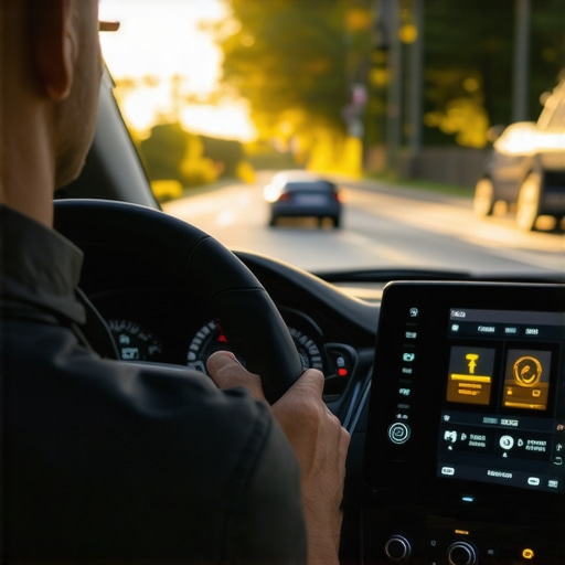 Close-up of a professional driver using a high-tech dashboard for vehicle diagnostics and safety alerts.