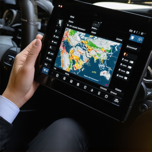Professional chauffeur using a tablet for advanced flight and traffic tracking in a luxury car.