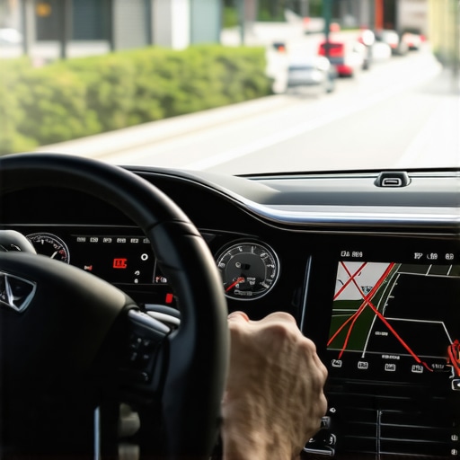 A professional driver navigating a luxury vehicle through urban traffic using advanced dispatch tools.