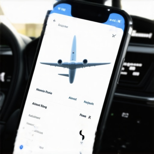 Split view of flight tracking app and a well-maintained chauffeur car interior for safe travel planning.