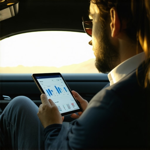 Auditing Hourly Ride History for Accuracy Executive reviewing transportation audit logs on a tablet inside a professional chauffeur vehicle.
