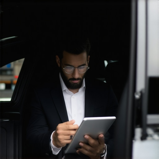 A professional chauffeur comparing a digital tablet with a physical itinerary for reservation safety.