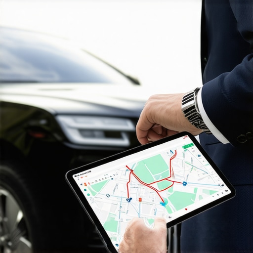 Chauffeur Precision Timing and Navigation A professional driver checking his watch and a traffic tablet for a precise reservation.