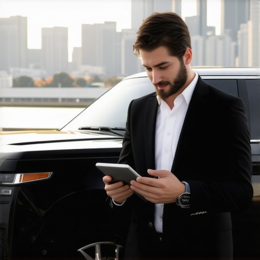 Chauffeur Syncing Schedule for Hourly Service A professional chauffeur verifying an hourly reservation schedule on a tablet beside a luxury vehicle.