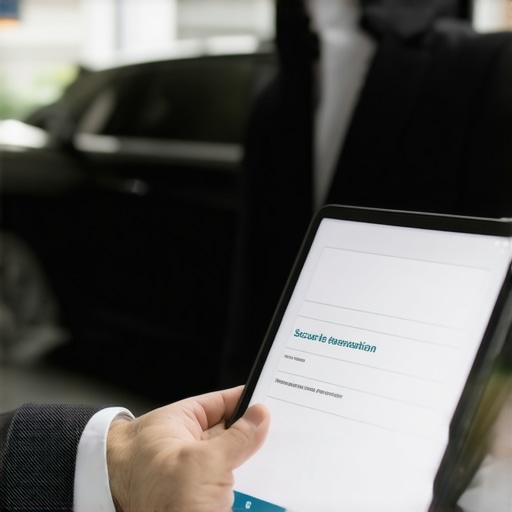 Chauffeur verifying a secure reservation A professional chauffeur checking a digital reservation on a tablet next to a luxury vehicle.
