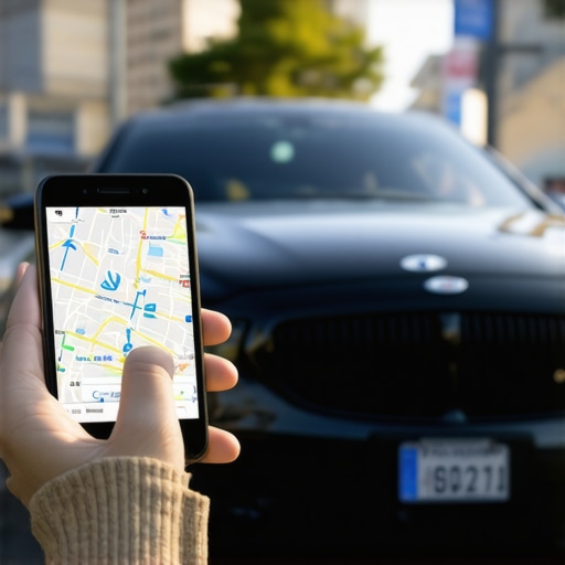 Professional chauffeur verifying ride details via smartphone next to a luxury car