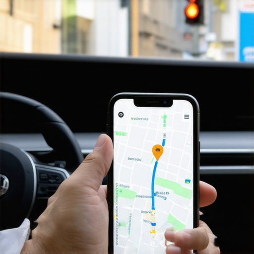 Coordinating a route change with a professional driver A traveler and a chauffeur discussing a mid-trip route change in a luxury car interior.