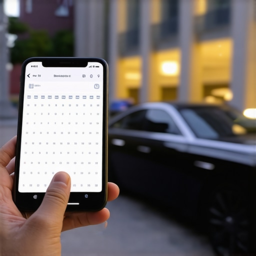 A hand holding a smartphone showing a synced travel itinerary with a luxury car in the background.