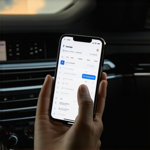 A hand holding a smartphone with a synced calendar next to a luxury vehicle interior