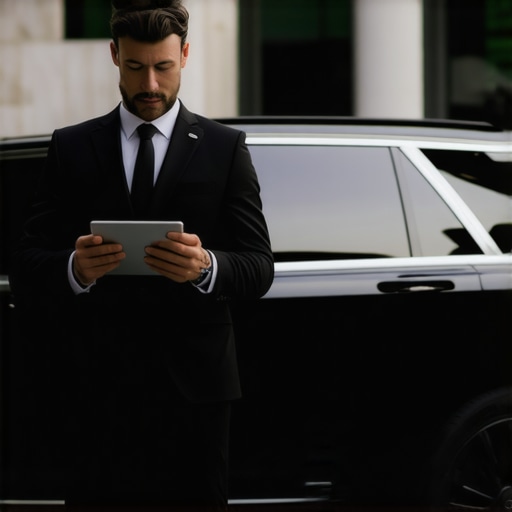 Professional chauffeur holding a tablet for client verification next to a luxury car