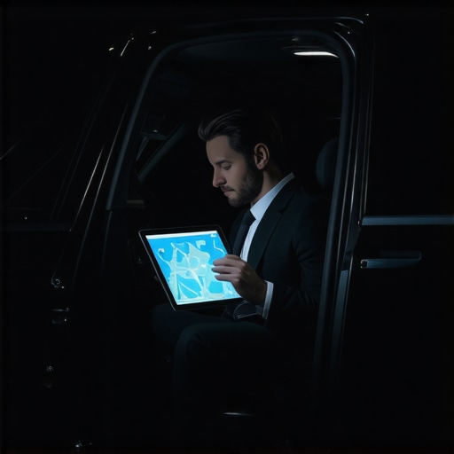 A professional driver using advanced flight tracking and dispatch software inside a luxury car for on-time arrival.