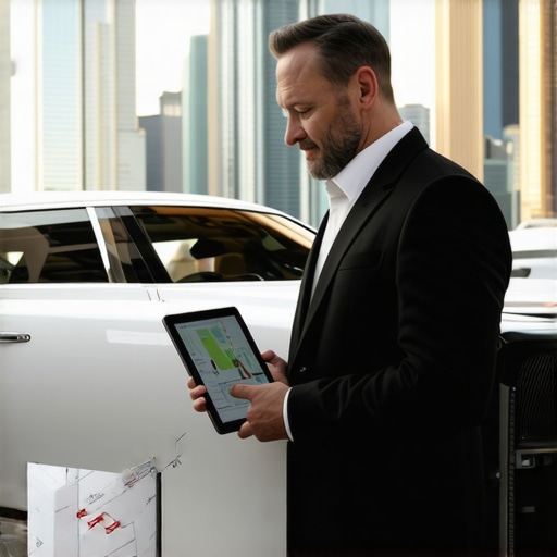 Professional driver using high-tech navigation tools in a busy city center.
