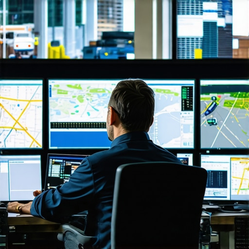 Expert Logistics Dispatcher Monitoring Corporate Fleet A professional dispatcher working in a logistics center to ensure on-time transportation.