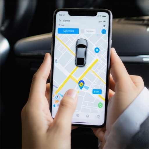 A smartphone displaying a live vehicle tracking map inside a luxury car.