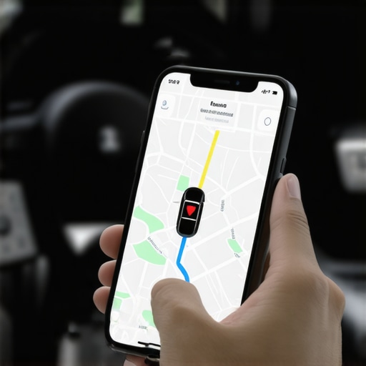High-Tech Security for Professional Transit A hand holding a secure smartphone with a tracking map inside a luxury car