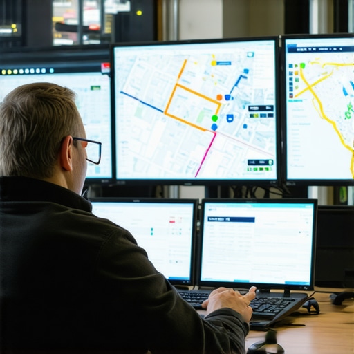 Human Dispatcher Monitoring Real Time Travel Data A human dispatcher overseeing vehicle tracking maps in a high-tech control center